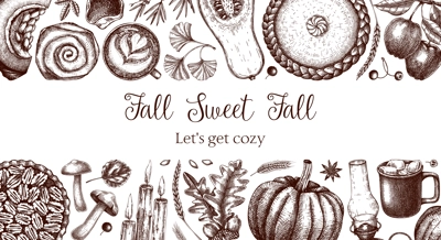 Vintage autumn frame design template. Hand-drawn vector illustration. Pumpkin, hot drink, fruit, pie, pastry, fall leaves sketches. Thanksgiving background in engraved style